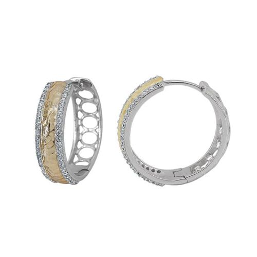 Two Tone Sterling Silver Huggies with CZs on Edges